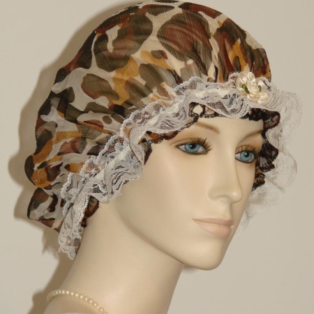 Animal Fur Print Silk Bonnet Cream Lace