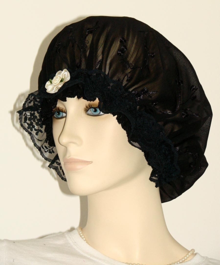 Black Chiffon Embroidered Hair Bonnet
