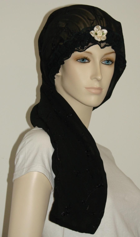 Black Floral Chiffon Long Hair Bonnet