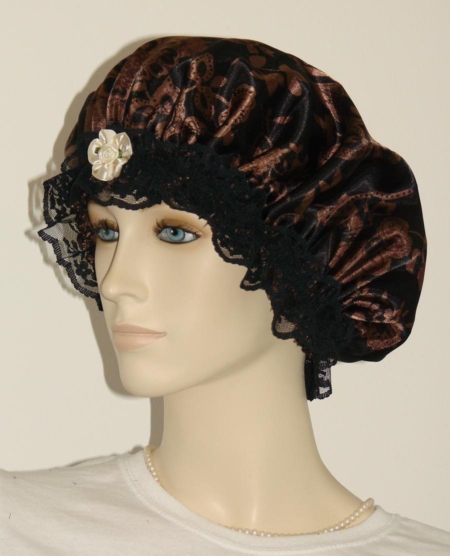 Brown Floral Black Satin Bonnet