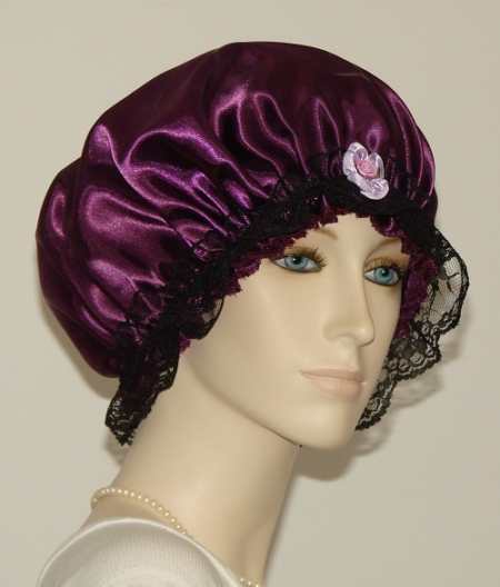 Eggplant Plum Hair Bonnet with Black Lace