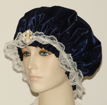 Navy Blue Satin Velvet Floral Hair Bonnet