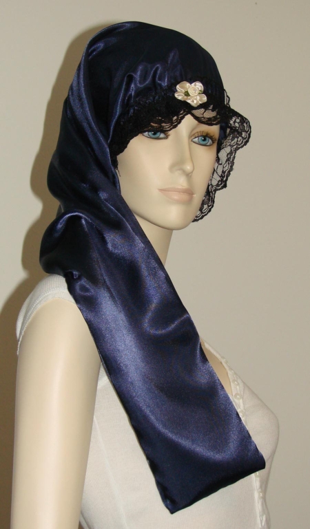 Navy Satin Long Hair Bonnet